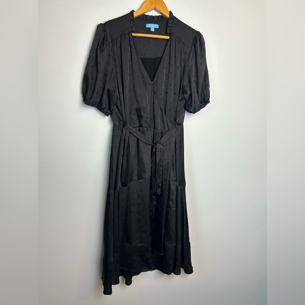 Draper james Satin Midi Dress Size L Black Ruffle hem Old money wrap style